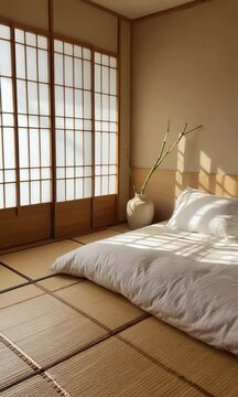 Tranquil Japanese Minimalist Bedroom with Futon, Shoji Screens, Tatami Mats, Natural Wood, Soft Lighting, and Zen Aesthetic for Calm, Peaceful Living and Traditional Interior Design