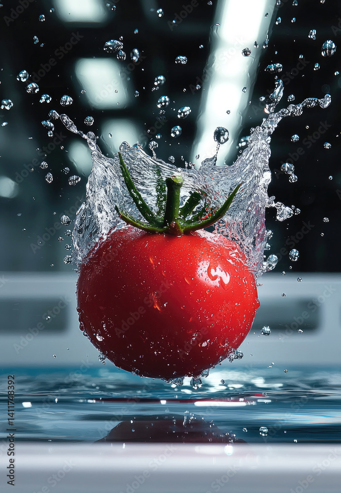 Poster bright red tomato splashes into water, creating dynamic droplets and ripples. vibrant color and motion evoke freshness and vitality, making it appealing image for culinary themes