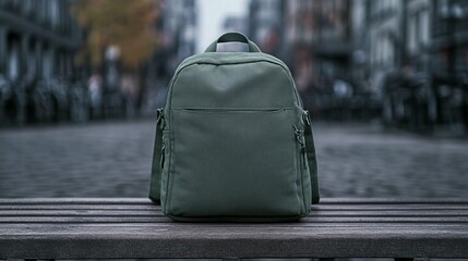 Green Backpack on City Bench