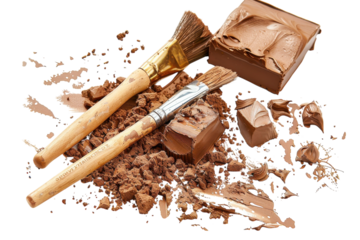 Creative exploration of chocolate with brushes and textured pieces on a white background in a culinary art setting isolated on transparent background
