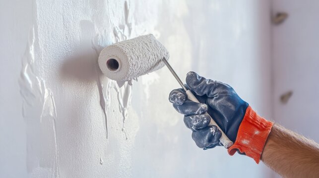 Painter priming wall before painting. Indoor home renovation