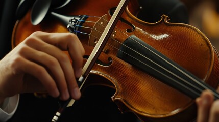 Fototapeta premium Musician tuning a violin before a concert performance. Featuring musical precision and craftsmanship