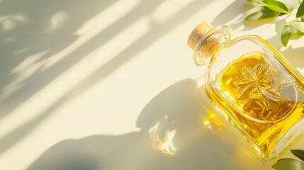 Olive Oil with Benefits Concept. Elegant Glass Bottle with Oil and Sunlight Shadows