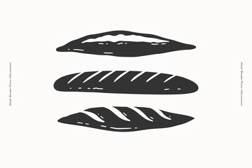 Three different loaves of bread in stylized monochrome drawing. Hand-drawn vector illustration on light background. Bakery and homemade food concept. Design for print, poster, label, packaging.
