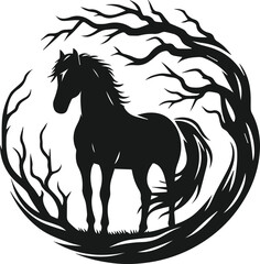 Vector silhouette of a horse with forest tree