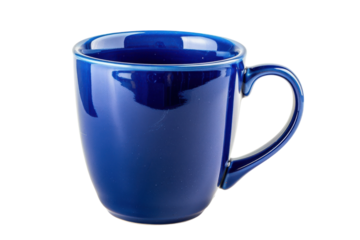A glossy blue ceramic mug resting on a clean surface, inviting warmth and comfort in a cozy kitchen setting isolated on transparent background