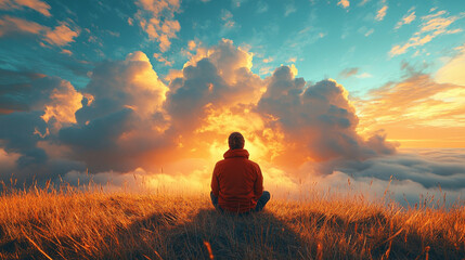 man meditating in a field