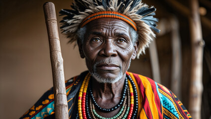 Obraz premium Close-Up of Wise African Elder in Traditional Attire with Piercing Gaze, Tribal Jewelry, and Earthy Tones, Captured in Natural Light