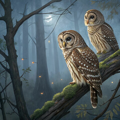 Fototapeta premium Owls in a twilight forest, a mystical ultra-realistic scene where the glowing eyes of owls peer through the foggy, dimly lit forest, surrounded by ancient trees and soft beams of moonlight.