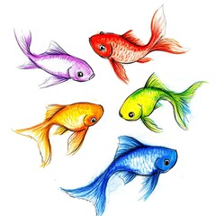 Naklejka premium Colorful Koi Fish Illustration A Whimsical Arrangement of Five Vibrant Fish.