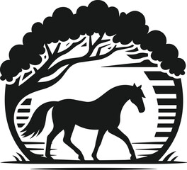 Vector silhouette of a horse with forest tree