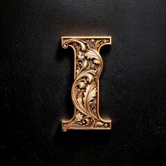 Ornate letter I in gold floral style, carved with baroque swirls, vines, and blossoms. Gleaming with elegance, it radiates luxury, drama, and a bold artistic flair