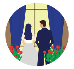 vector illustration of a man and woman in wedding day with colorful bags