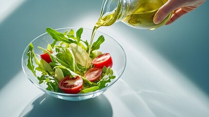 Olive Oil with Benefits Concept. Fresh Green Salad with Olive Oil Pouring
