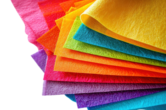 Colorful layers of vibrantly textured paper stacked creatively on a white surface, perfect for arts and crafts inspiration isolated on transparent background