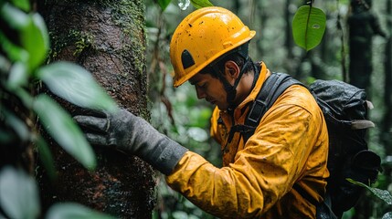 Naklejka premium Forest Worker Inspecting Tree Trunk