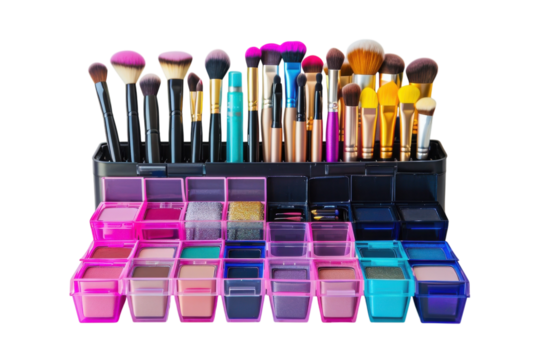 A vibrant collection of makeup brushes and colorful cosmetic containers arranged neatly on a clean surface isolated on transparent background