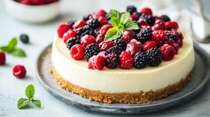 A creamy cheesecake topped with an assortment of fresh berries, including raspberries, blueberries, and blackberries, served on a gray plate.
