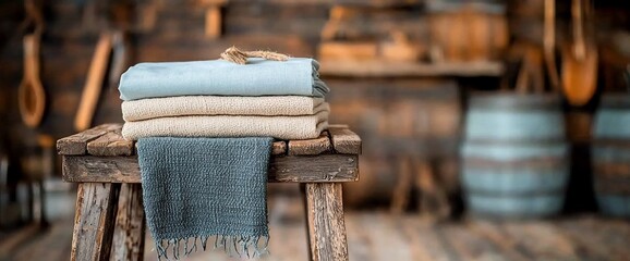 Obraz premium Stacked Soft Blankets on Rustic Wooden Bench