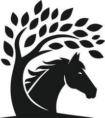 Vector silhouette of a horse with forest tree