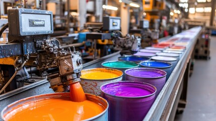 Factory paint mixing, automated machinery dispensing color into drums on conveyor belt