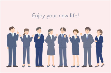 スーツ姿のビジネスパーソン男女8人のイラスト（全身）