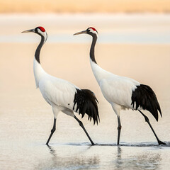 Obraz premium Red-crowned cranes, elegant full-body view of two cranes standing gracefully, with their striking red crowns and white feathers, set against a serene landscape of snow or tall grasses.