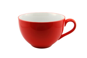 A vibrant red cup waiting to be filled with steaming tea or coffee in a cozy kitchen setting isolated on transparent background