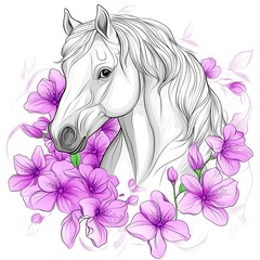 Naklejka premium Elegant Horse Portrait Adorned with Delicate Pink Blossoms. A graceful illustration perfect for equine-themed designs and springtime aesthetics.