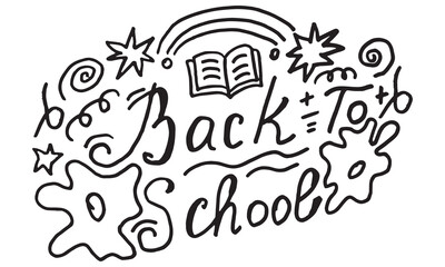 Doodle vector, Back to School. Hand drawn, doodle elements isolated on white background, book, blots, waves, plus, minus, equal, swirl, rainbow, explosion, lettering, black, handmade