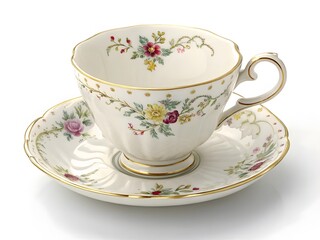 Elegant Porcelain Teacup and Saucer with Intricate Floral Patterns