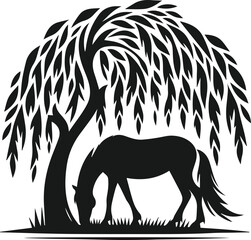 Vector silhouette of a horse with forest tree