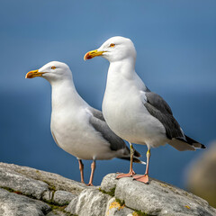 Naklejka premium Seagulls, full-frame front-facing image of two seagulls standing on a beach or coastal rocks,