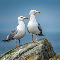 Obraz premium Seagulls, full-frame front-facing image of two seagulls standing on a beach or coastal rocks