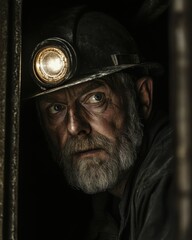 International labor day. Grizzled Coal Miner Portrait in Dark Mine Shaft