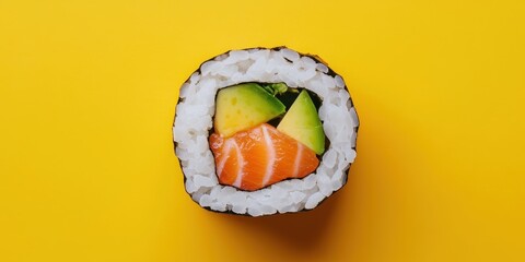 International sushi day with Japanese roll idea. Delicious sushi roll with vibrant ingredients on a yellow background.