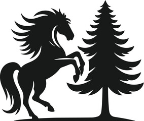 Vector silhouette of a horse with forest tree