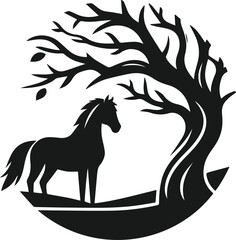 Vector silhouette of a horse with forest tree