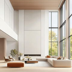 Modern Minimalist Living Room with Large Windows and Cozy Decor