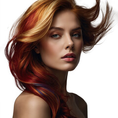 Naklejka premium Beauty fashion portrait of a woman with rainbow-dyed hair Sultry burgundy waves cascade down, shimmering vibrantly against a matching deep red backdrop, highlighting the hair's depth and elegance