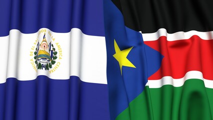 Flags of EL SALVADOR and SOUTH SUDAN with realistic cloth texture