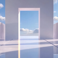 Minimalist Architectural Space with Open Door and Blue Sky View