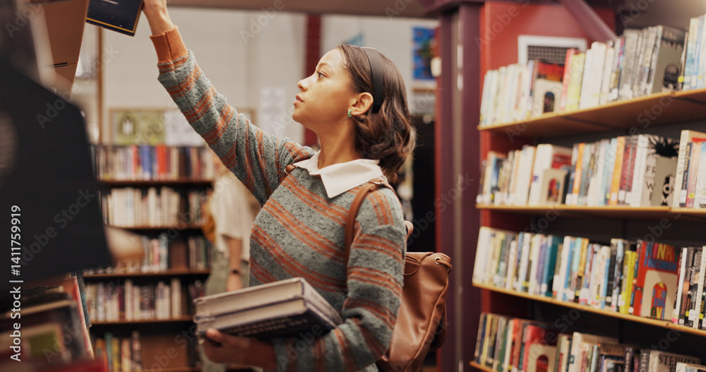 Poster Girl, shelf and learning with books in library for choice, studying and preparation of exam. Student, return and textbook decision for information, university knowledge and wisdom of education thesis