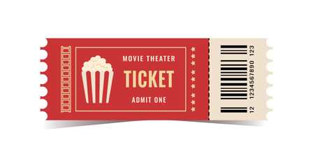Movie ticket isolated on white background. Vector ticket design with popcorn for movie, movie, popcorn, game, party, event, festival ticket realistic red-white template