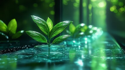 Vibrant green seedlings thriving in a lush, illuminated environment, symbolizing growth and sustainability in nature.