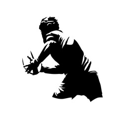 Rugby player running with ball, isolated vector silhouette, ink drawing