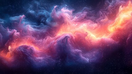 Naklejka premium Vibrant cosmic nebula with swirling clouds of pink, orange, and blue hues, evoking a sense of wonder and exploration in the universe.