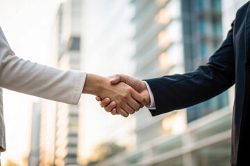 two business people shaking hands as if they made a business deal, the background is blurry