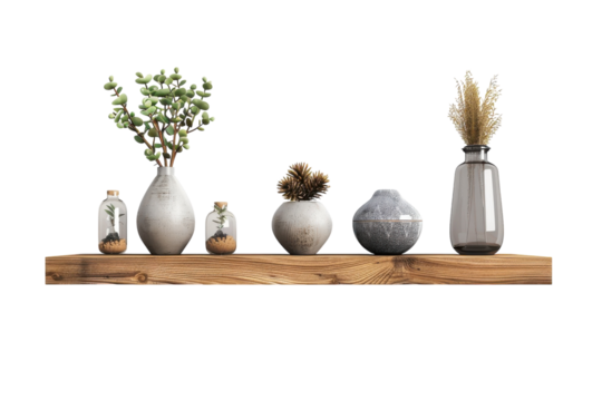 A modern wooden shelf adorned with a variety of decorative vases and unique greenery in a minimalist setting highlights contemporary home decor isolated on transparent background