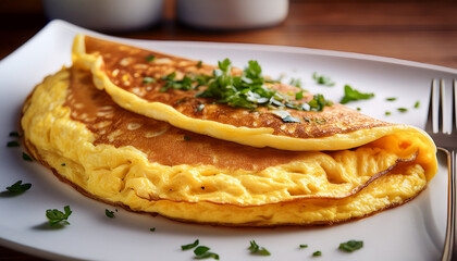 Una deliciosa y saludable tortilla con huevos y rellena , adornada con perejil, sobre un plato en la mesa de de una cocina